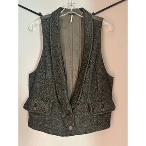 Free People Tweed Shawl Collar Waistcoat Vest Grey Black Cinch Back Large L